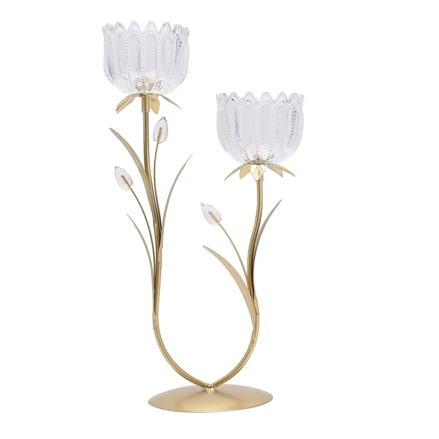 Hestia lysestake med 2 glassholdere – gull 38 cm