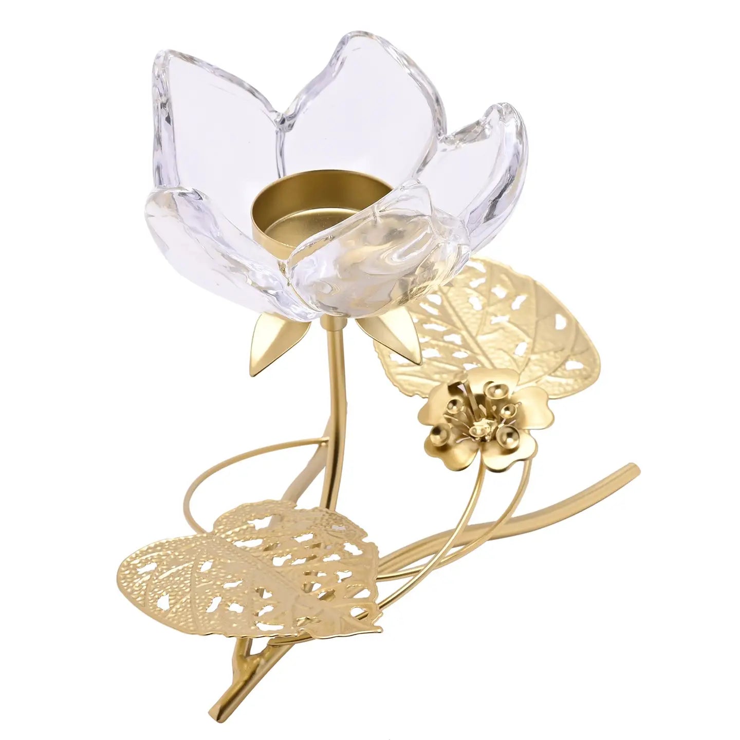 Hestia lysestake med lotusblomst og gullblader – 17 cm