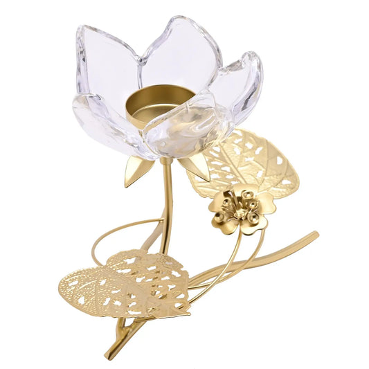 Hestia lysestake med lotusblomst og gullblader – 17 cm