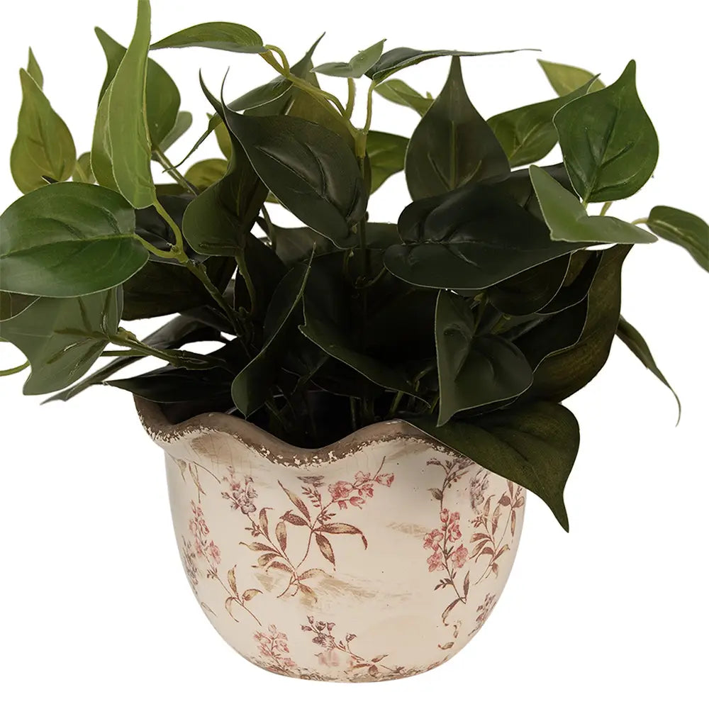 Blomsterpotte – Beige/Rød med blomsterdetaljer