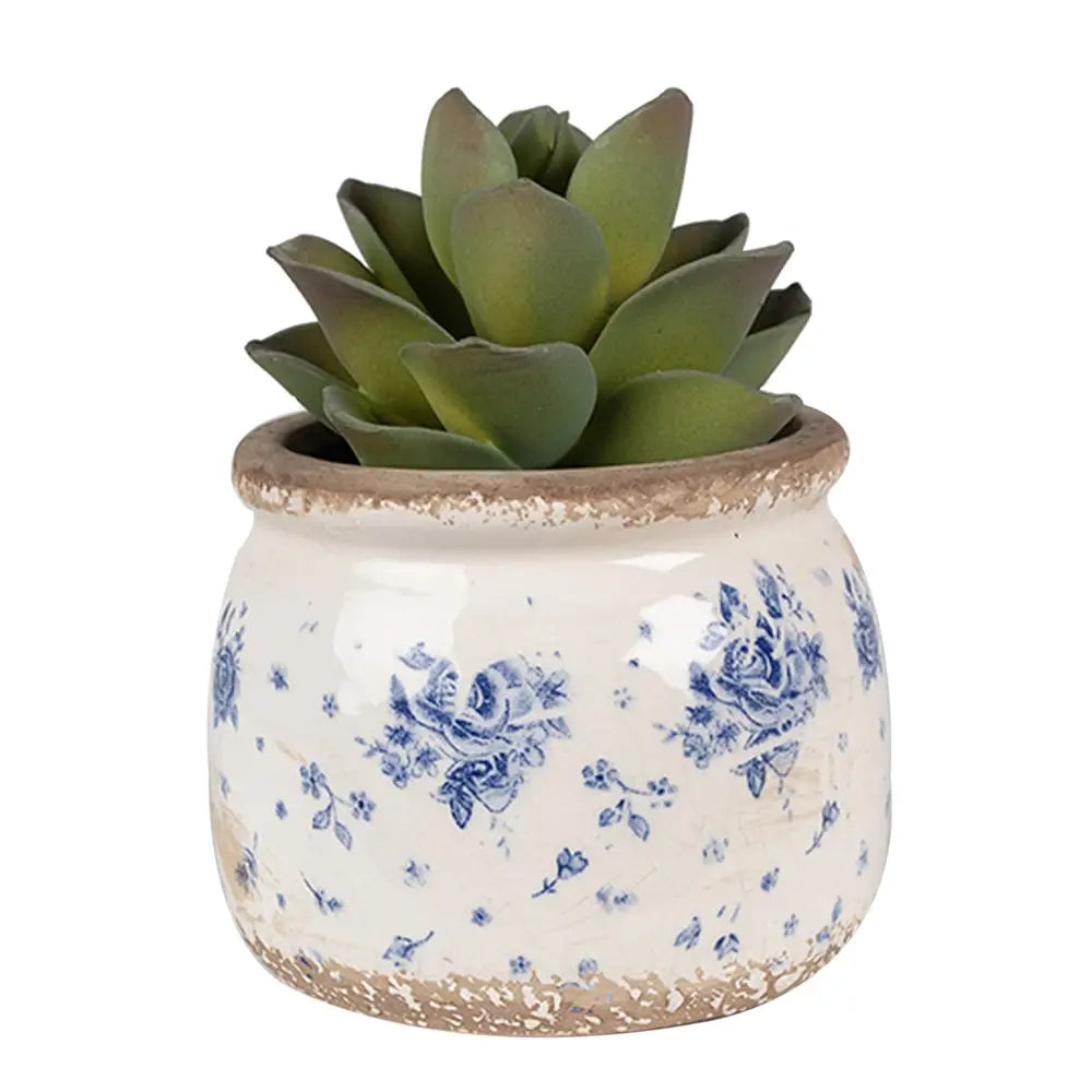 Blomsterpotte med rosemønster – beige & blå Ø12 cm