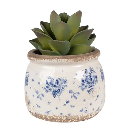 Blomsterpotte med rosemønster – beige & blå Ø12 cm
