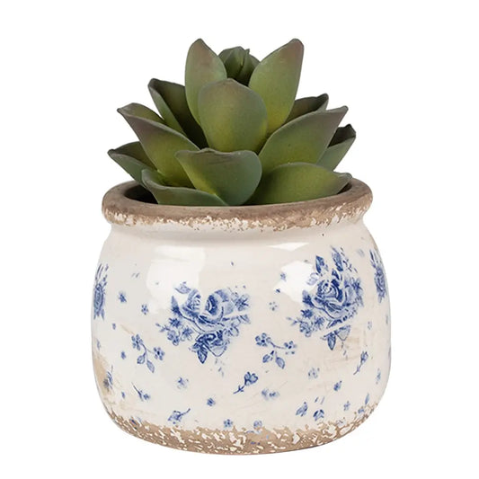 Blomsterpotte med rosemønster – beige & blå Ø12 cm