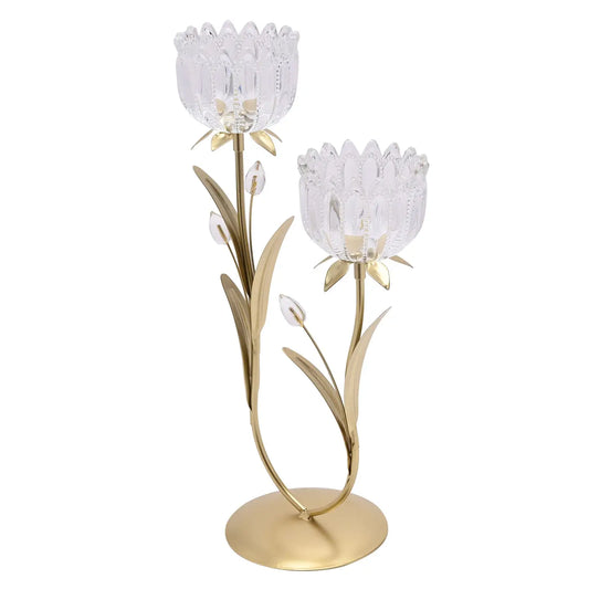 Hestia lysestake med 2 glassholdere – gull 38 cm