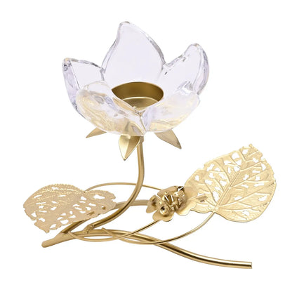 Hestia lysestake med lotusblomst og gullblader – 17 cm