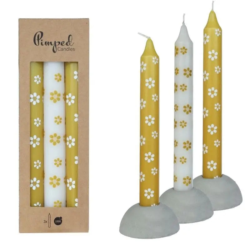 Pimped Candles – Blomsterdekor Ø2,2 × H20 cm, Oker (3 stk.)
