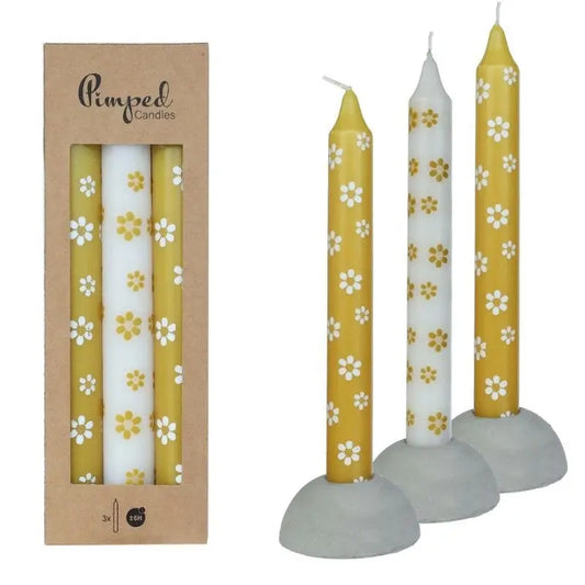 Pimped Candles – Blomsterdekor Ø2,2 × H20 cm, Oker (3 stk.)