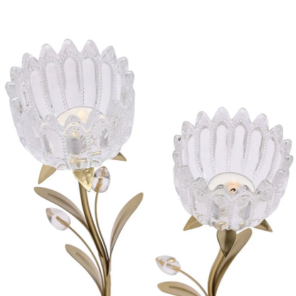 Hestia lysestake med 2 glassholdere – gull 38 cm