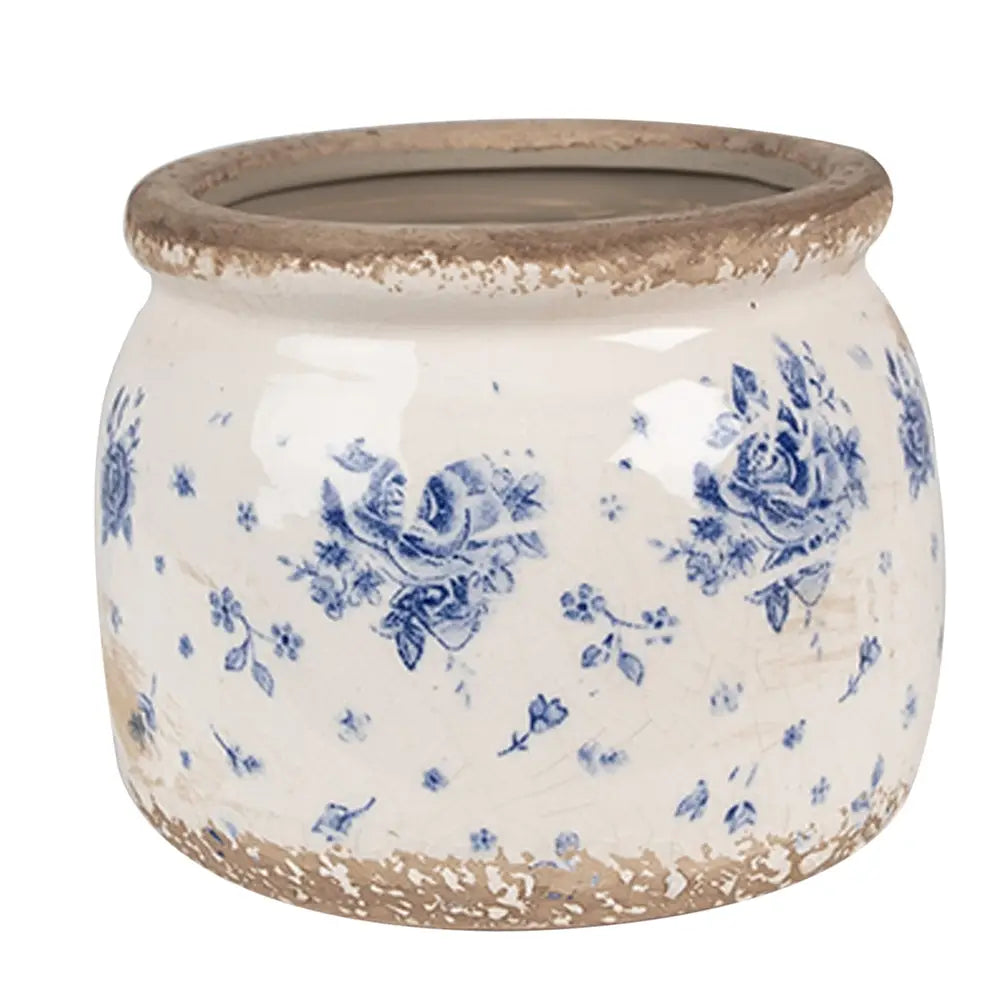 Blomsterpotte med rosemønster – beige & blå Ø12 cm