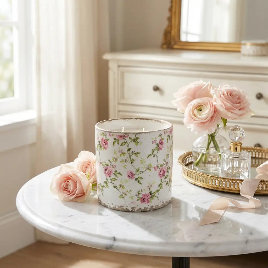 Duftlys i Keramikk med Blomstermønster – Rose Bud