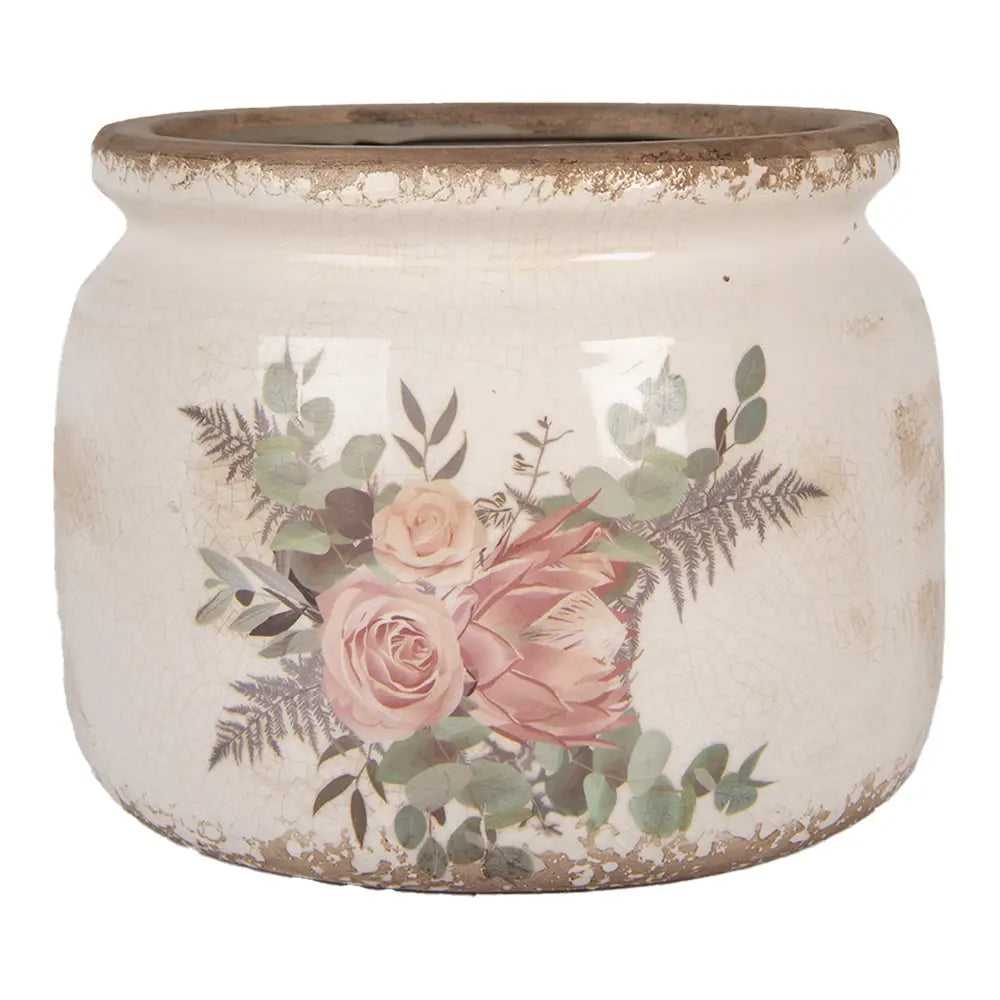 Blomsterpotte – Beige keramikk, Blomstermotiv