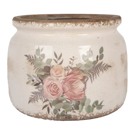 Blomsterpotte – Beige keramikk, Blomstermotiv