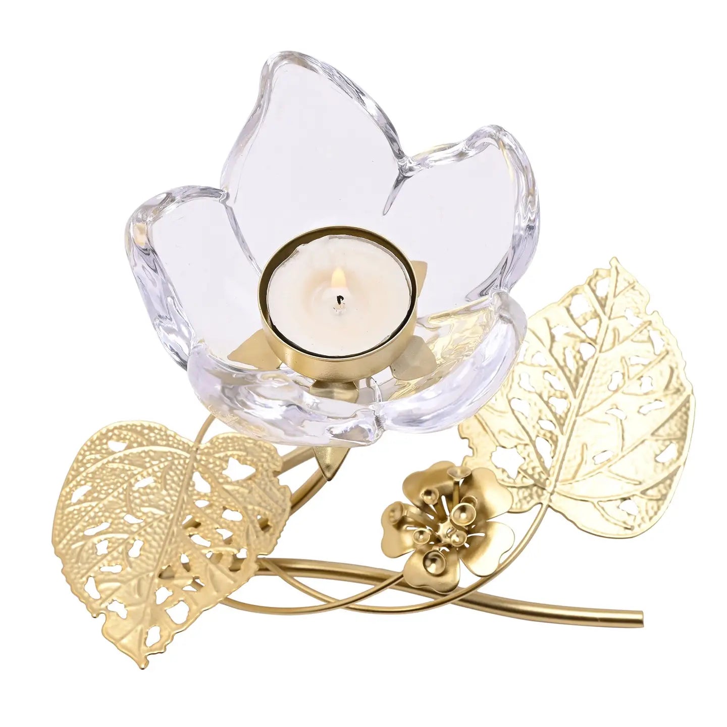 Hestia lysestake med lotusblomst og gullblader – 17 cm
