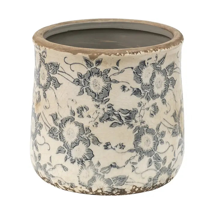 Blomsterpotte Ø 14 cm – Grå/Beige Keramikk med Blomstermønster