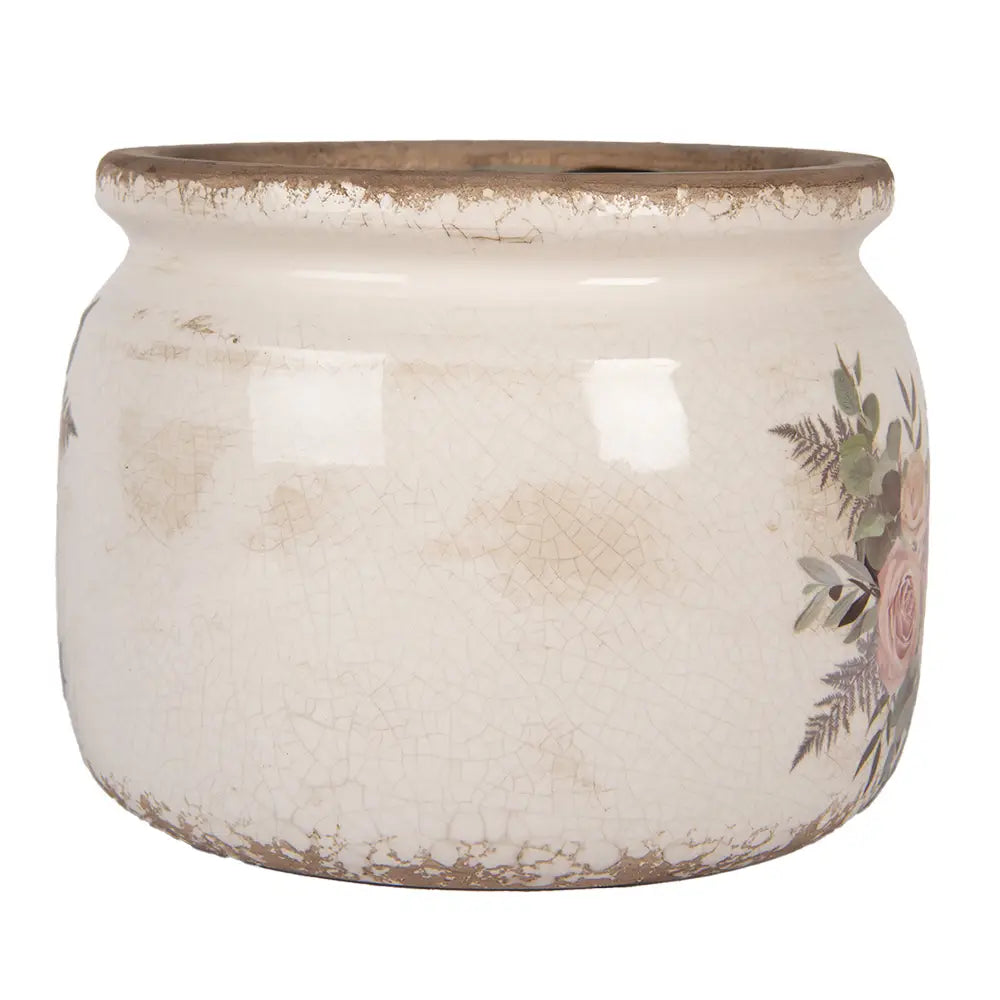 Blomsterpotte – Beige keramikk, Blomstermotiv