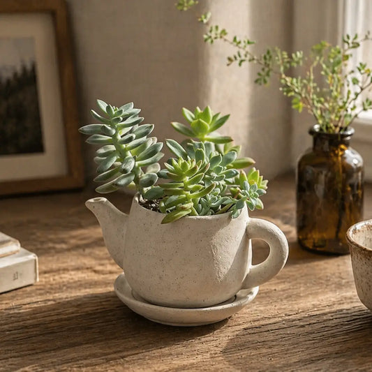 Rustikk blomsterpotte formet som tekanne – sement