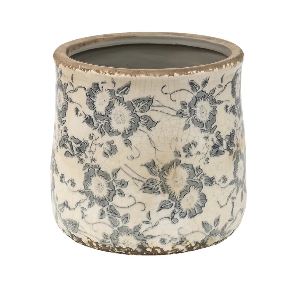 Blomsterpotte Ø 14 cm – Grå/Beige Keramikk med Blomstermønster
